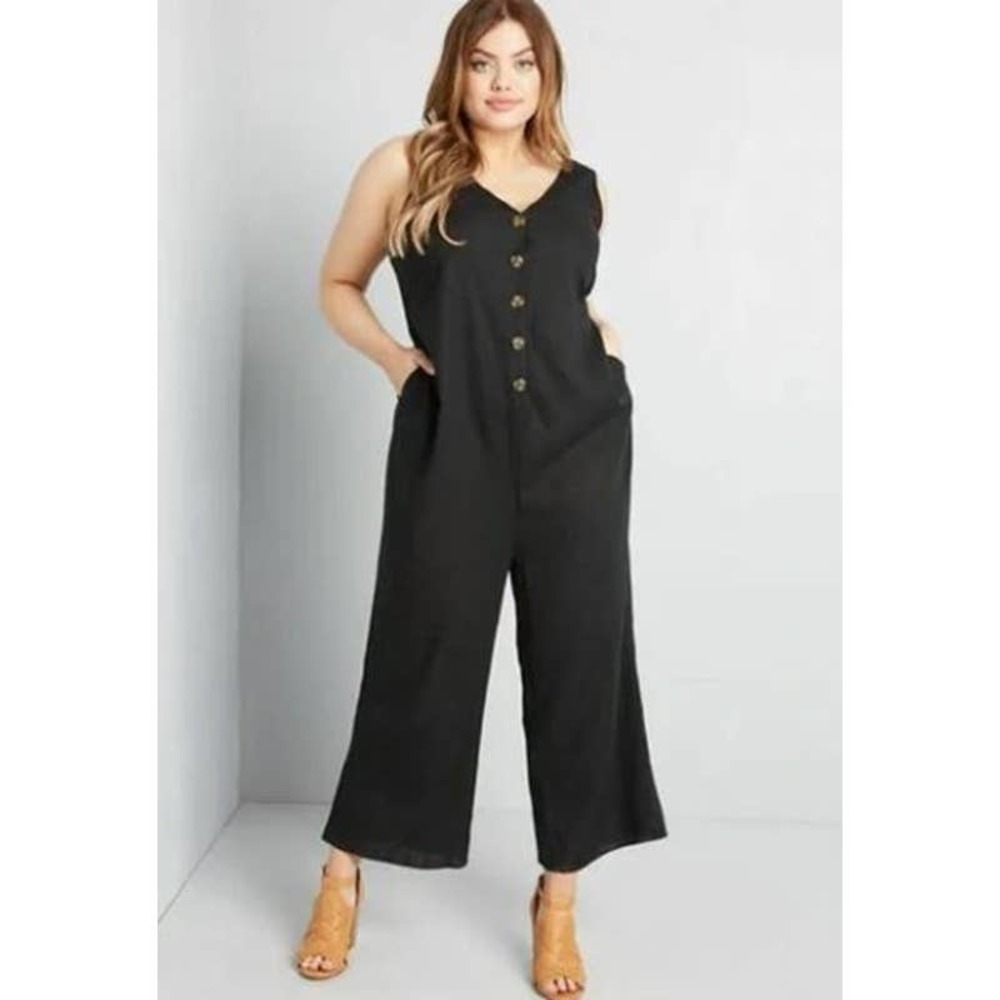 Modcloth Size 12 / Large JUMPSUIT Linen Blend Wide Leg CROP Black NEW $79